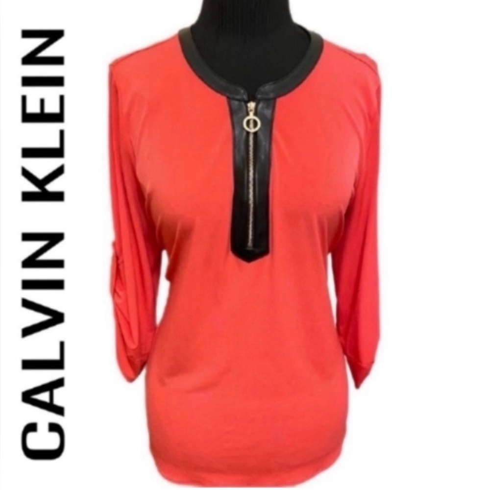 Calvin Klein Blouse Women’s Size Large Shirt Half Zip 3/4 Sleeves High Low Top